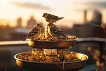 Two Birds Sitting On Top Of A Bird Feeder. Perfect For Nature And Birdwatching Enthusiasts