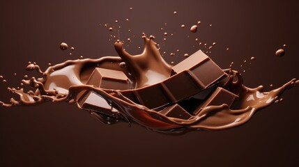 Poster - A chocolate bar is shown in mid-air, falling into a pool of melted chocolate. This image can be used to depict indulgence, temptation, or the process of making chocolate treats