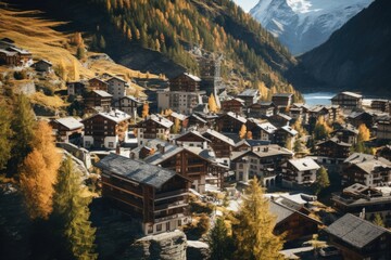 Poster - A picture of a charming small town nestled in the middle of a mountain. This image can be used to depict the beauty and serenity of a mountainous location