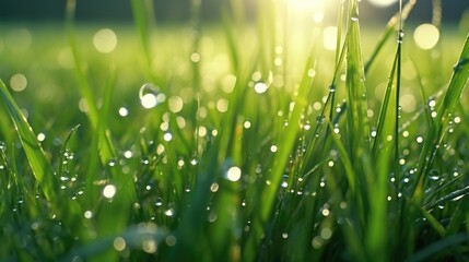 Poster - Water droplets glisten on blades of grass in this close-up shot. Perfect for nature or environmental themes