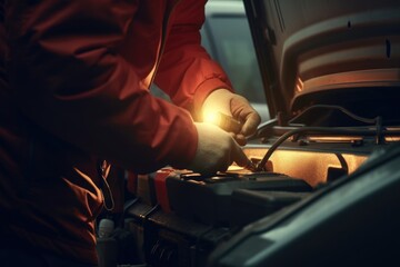 Poster - A man in a red jacket is working on a car engine. This image can be used to showcase automotive repairs or as an illustration for car maintenance articles