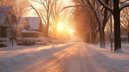 Poster - A beautiful snowy street bathed in the warm light of a setting sun. Perfect for winter landscapes and holiday-themed designs