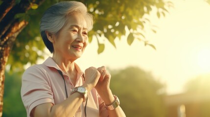 Poster - An older woman wearing a wristwatch, indicating the time. This image can be used in various contexts where time, aging, or fashion are relevant