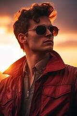Poster - A man wearing sunglasses and a red jacket. Suitable for fashion, outdoor activities, and urban lifestyle themes