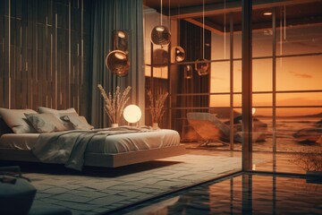Aufkleber - A cozy bedroom with a bed placed next to a window. Ideal for home decor or real estate concepts