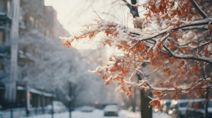 Poster - A snowy city street with a tree in the foreground. Perfect for winter-themed designs and holiday promotions