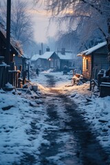 Poster - A winter scene of a snow covered street in a small town. Perfect for winter-themed projects or showcasing the beauty of small town life