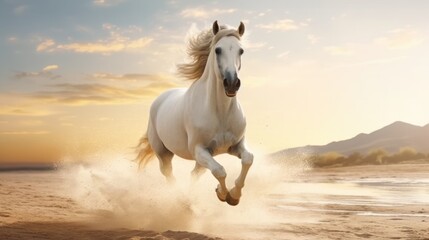 Poster - A beautiful white horse running across a sandy beach. Perfect for nature, animal, and outdoor-themed designs and projects