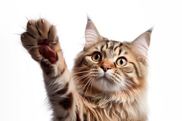 Poster - A cat is pictured with its paw raised in the air. This image can be used to depict curiosity, playfulness, or even anticipation. It is suitable for various projects and designs