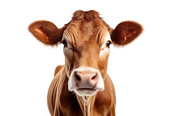 Poster - A detailed shot of a cow's face on a plain white background. Suitable for various uses