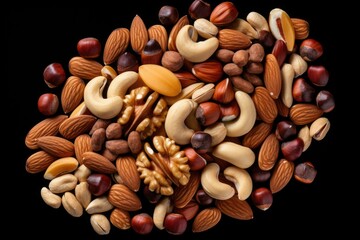 Aufkleber - A pile of nuts on a black background. Ideal for food and nutrition-related projects