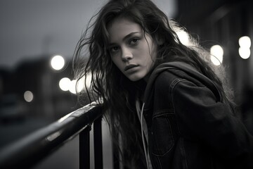Aufkleber - A woman with long hair leaning on a railing. Suitable for various concepts and themes