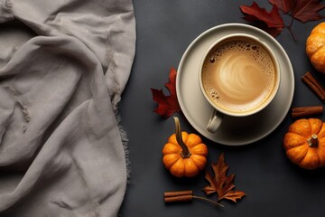 Canvas Print - A cup of coffee on a saucer surrounded by fall leaves and pumpkins. Perfect for autumn-themed designs and seasonal marketing materials