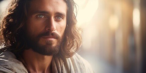 Poster - A close up shot of a man with long hair and a beard. Suitable for various uses