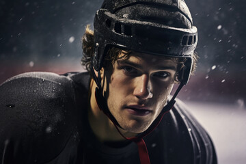 Poster - A young man is pictured wearing a hockey helmet on a snowy day. This image can be used to depict winter sports or outdoor activities in cold weather