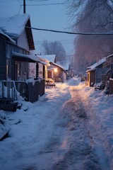 Sticker - A snow-covered street with houses in the background. Ideal for winter-themed designs and holiday illustrations