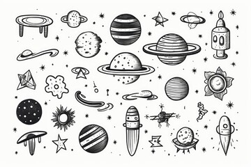 Poster - A collection of black and white doodles inspired by space. Perfect for adding a touch of cosmic creativity to your projects
