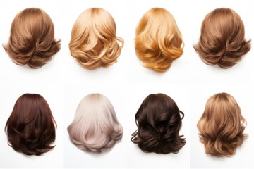 Poster - Six different colored wigs on a white background. Ideal for use in fashion, beauty, and costume design projects