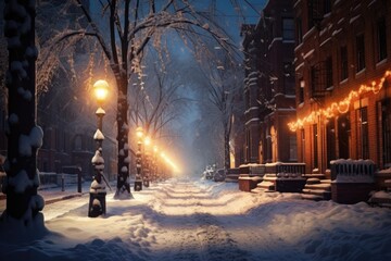 Poster - A snowy street illuminated by a street light. Perfect for winter scenes or holiday-themed projects