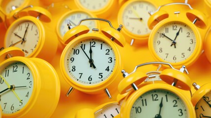 Poster - A stack of yellow alarm clocks. Perfect for illustrating time management and deadlines