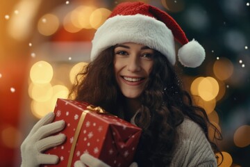 Canvas Print - A woman wearing a Santa hat holding a red present. Perfect for holiday-themed designs and Christmas gift concepts