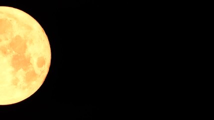 Wall Mural - A glowing golden huge full moon seen from earth through the atmosphere against a starry night sky. A large full moon moves across the sky, the moon moving from the left frame to the right.