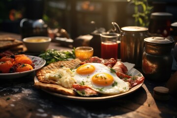 Poster - A delicious plate of eggs, toast, tomatoes, and bread ready for breakfast. Perfect for food and cooking concepts