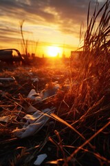 Poster - A beautiful sunset casts its warm glow over a field filled with trash. This image can be used to depict environmental pollution and waste management issues
