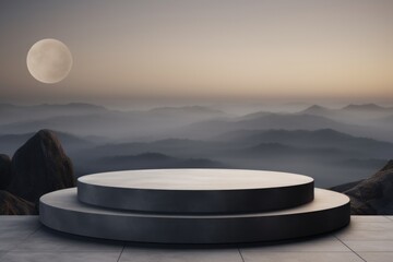 Poster - A serene scene of a round platform situated in front of a towering mountain, illuminated by the full moon.