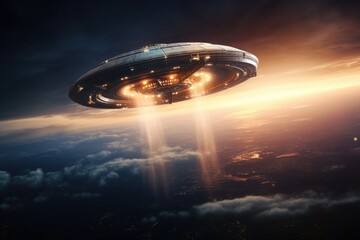 Poster - A picture of a large flying object in the sky above the clouds. Suitable for various uses
