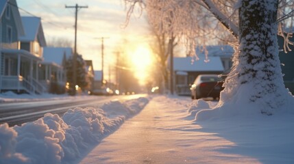 Poster - Snow covered sidewalk next to a tree. Suitable for winter-themed projects