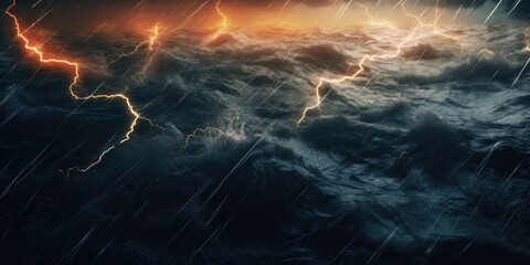 Poster - A powerful storm with lightning illuminating the dark sky. Perfect for illustrating the intensity and beauty of nature. Ideal for use in weather-related articles or as a dramatic background image