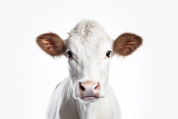 Poster - A detailed close-up of a cow's face on a white background. Perfect for agricultural or farm-related projects