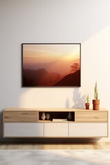 Poster - A television mounted on a wall in a cozy living room. Suitable for home decor or technology-related projects