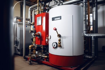 Poster - A compact and efficient water heater in a room. Perfect for providing hot water in any space.