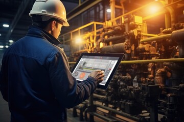 Poster - A man wearing a hard hat using a tablet computer. Suitable for construction, engineering, and technology themes