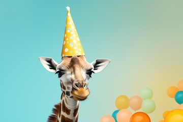 Sticker - A picture of a giraffe wearing a party hat with colorful balloons in the background. Suitable for birthday celebrations or any festive occasion