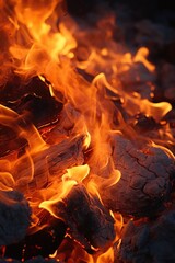 Poster - A close up view of a pile of wood with flames. Perfect for adding warmth and coziness to any project