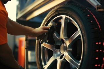Poster - A man is changing the tire on a car. This image can be used to depict car maintenance or roadside assistance