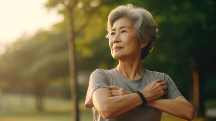 Poster - A woman standing in a park with her arms crossed. Suitable for various concepts and applications