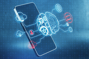 Aufkleber - Close up of mobile phone with creative digital brain hologram with cogwheels and various connected icons on blue background. Invention, ai and innovation concept. 3D Rendering.