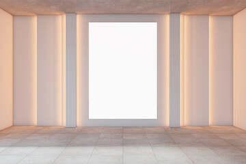 Aufkleber - Modern empty gallery room interior with white mock up banner on illuminated light wall. 3D Rendering.