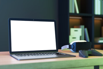 Poster - Creative gray designer gamer's gaming space with mock up place on white laptop screen vr glasses and other items. 3D Rendering.