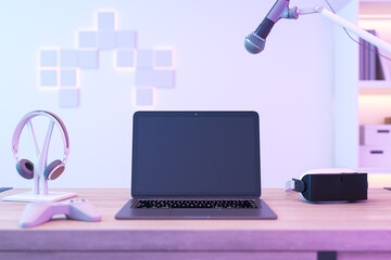 Aufkleber - Creative pink designer gamer's desk with mock up place on laptop computer screen, headset, vr glasses and other items. 3D Rendering.