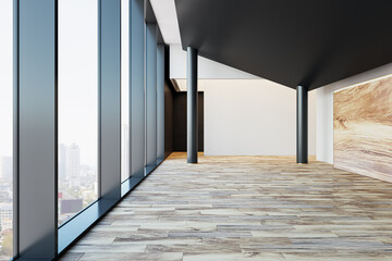 Poster - Clean hallway interior with window and city view, columns, blank mock up place and daylight. 3D Rendering.