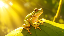 Gilded Majesty, Sunlit Arboreal Throne For A Golden Tree Frog Basking In Nature's Radiance