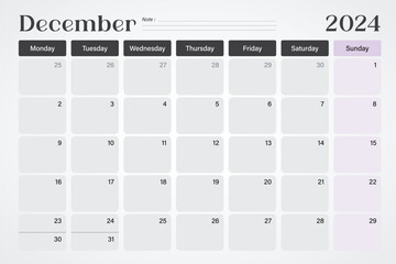 Wall Mural - december 2024 calendar or desk planner in soft gray and purple colors with empty note lines, weeks s