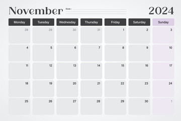 Wall Mural - November 2024 calendar or desk planner in soft gray and purple colors with empty note lines, weeks start on Monday, vector illustration design