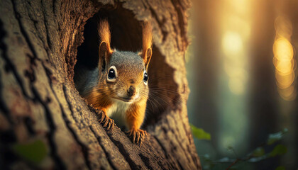 Portrait of a red squirrel hiding in the hole of a tree trunk in a forest (tree hollow), looking at camera. Sciurus vulgaris. Generative Ai.