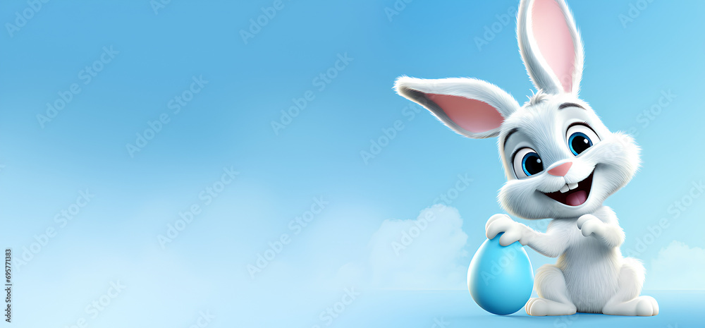 A cute easter bunny with an easter egg on a blue background with copy ...